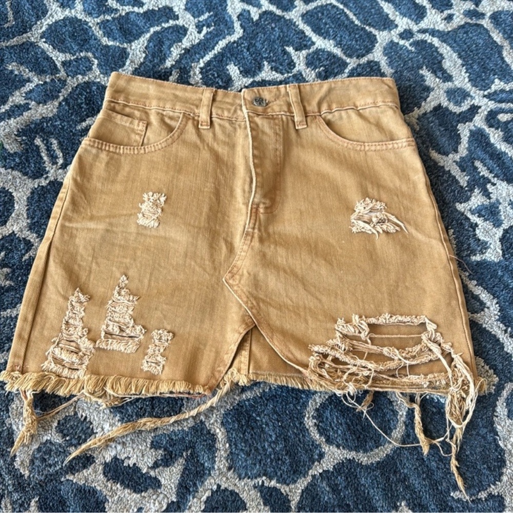 Women’s Mustard Brown Destroyed distressed Ripped Jean Mini Skirt Sz 27/S
